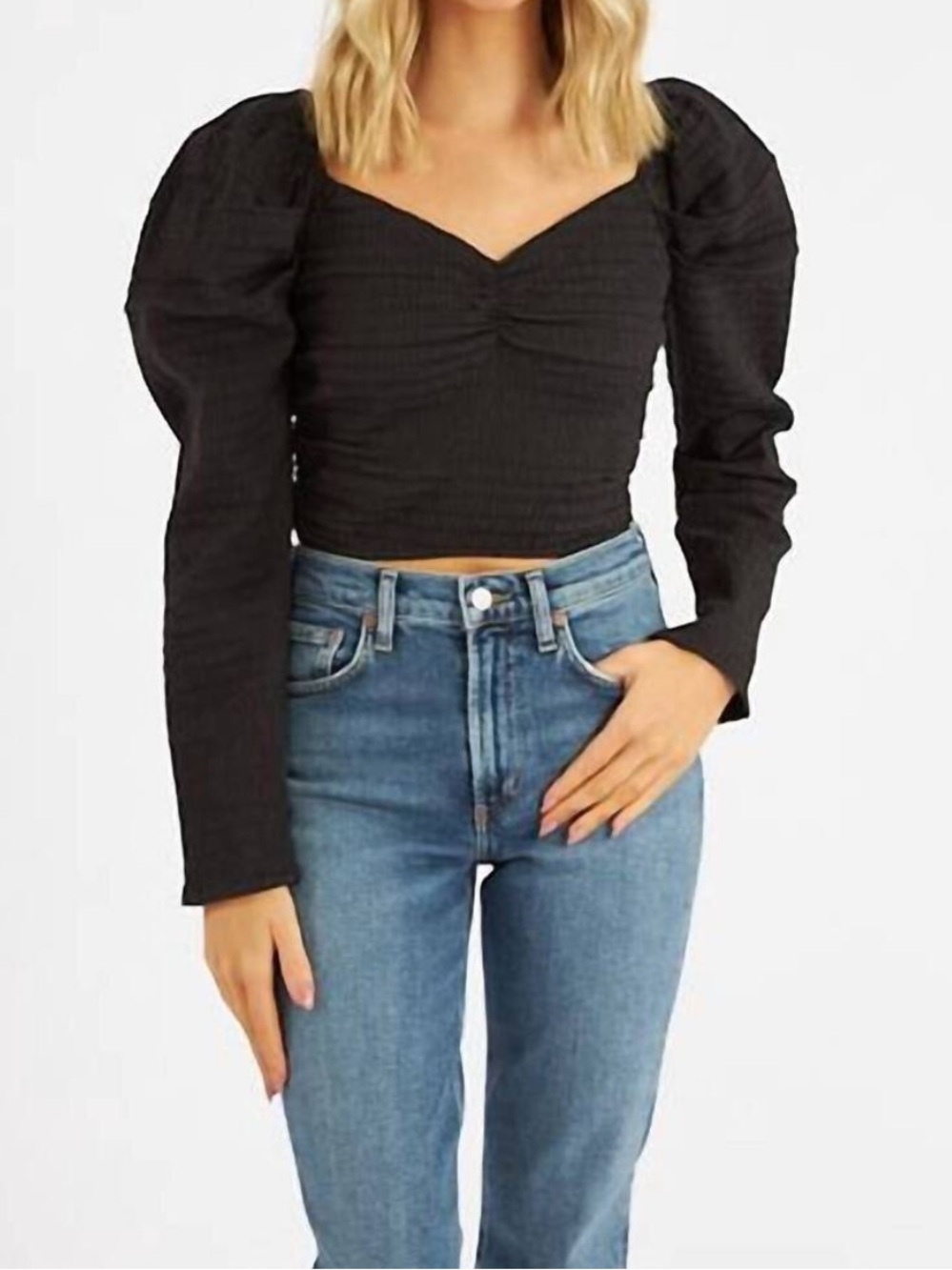 Cleobella Judith Black Puff Sleeve Ruched Cropped Top size S